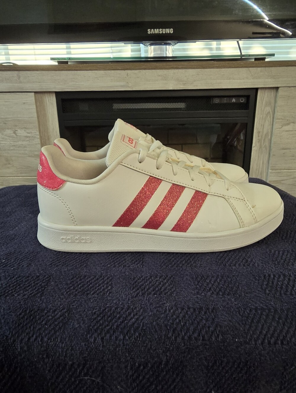 Adidas Grand Court K White Pink Glitter Sneakers Girls 6Y EG5136